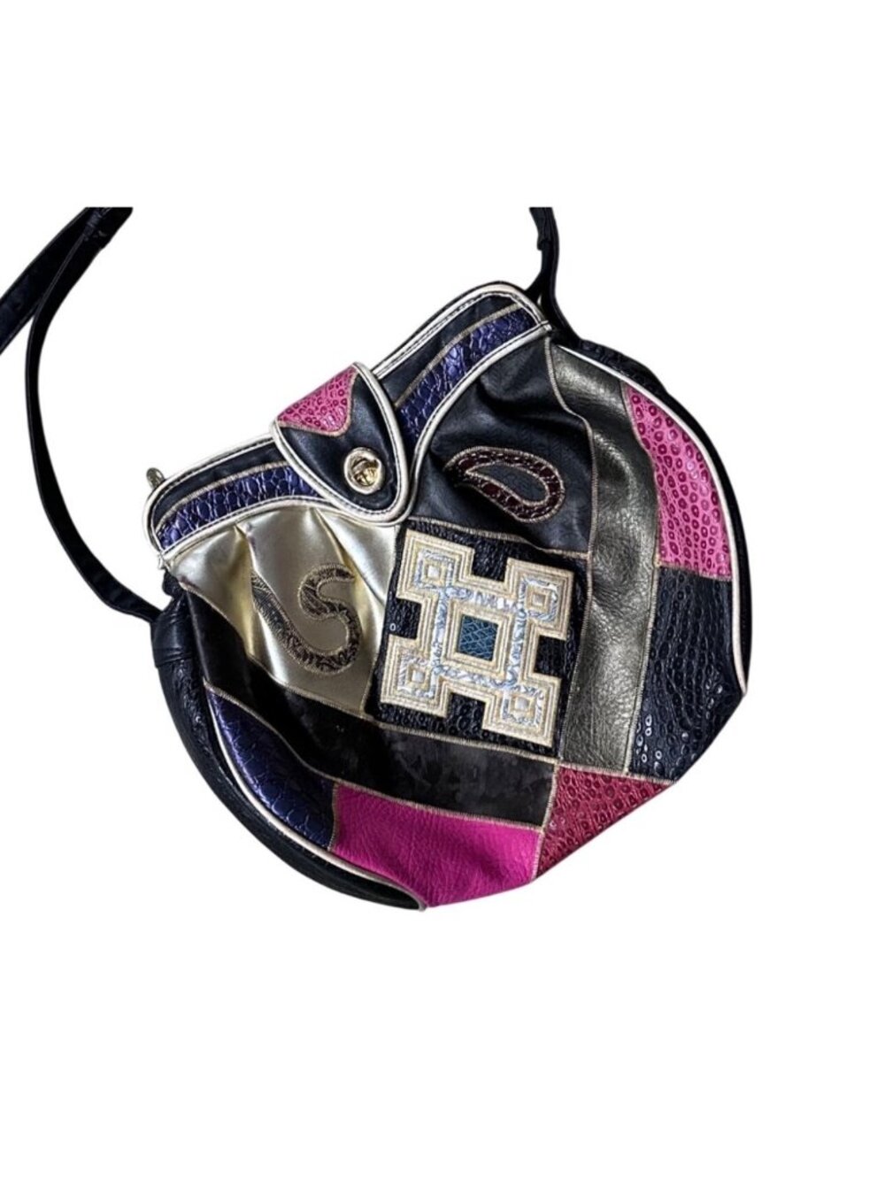 Vintage Purse Shoulder Bag Patchwork 1980s Adjustable Strap Textured Korea